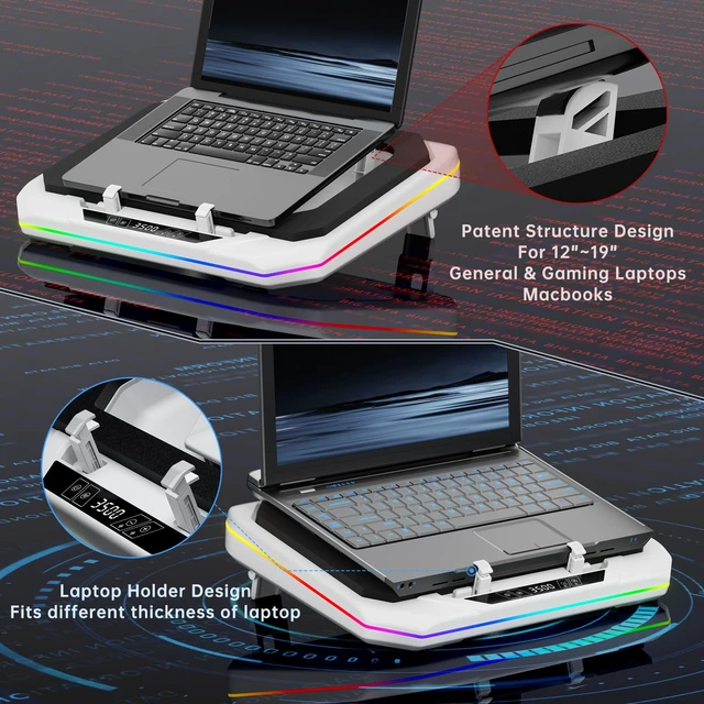 Alt view image 3 of 6 - OImaster Gaming Laptop Cooling Pad with 3500 RPM Powerful Turbofan, RGB Laptop Cooler Stand with 3 USB Ports, Ergonomic Adjustable Height Laptop Fan for 12-19 Inch Notebooks, Office & Gaming