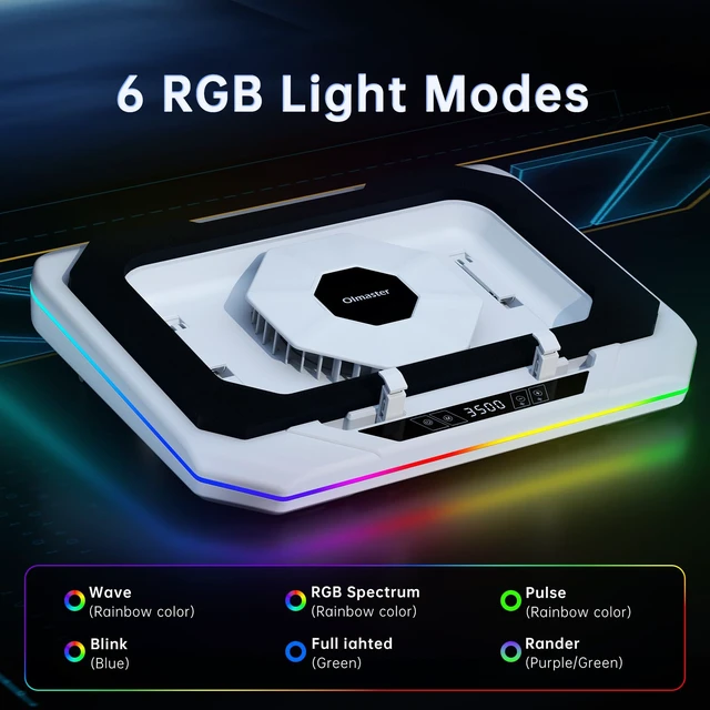 Alt view image 4 of 6 - OImaster Gaming Laptop Cooling Pad with 3500 RPM Powerful Turbofan, RGB Laptop Cooler Stand with 3 USB Ports, Ergonomic Adjustable Height Laptop Fan for 12-19 Inch Notebooks, Office & Gaming