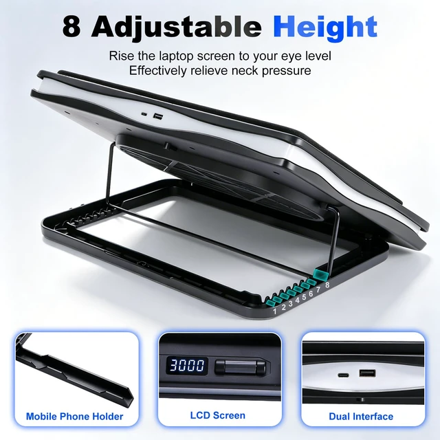 Alt view image 2 of 7 - Gaming Laptop Cooling Pad, RGB Laptop Cooler with Powerful Turbo Fan, Ultra Quiet Laptop Fan Stand with LED Light, 8-Level Height Adjustable, Compatible with 15-17 Inch Gaming Laptops, Black