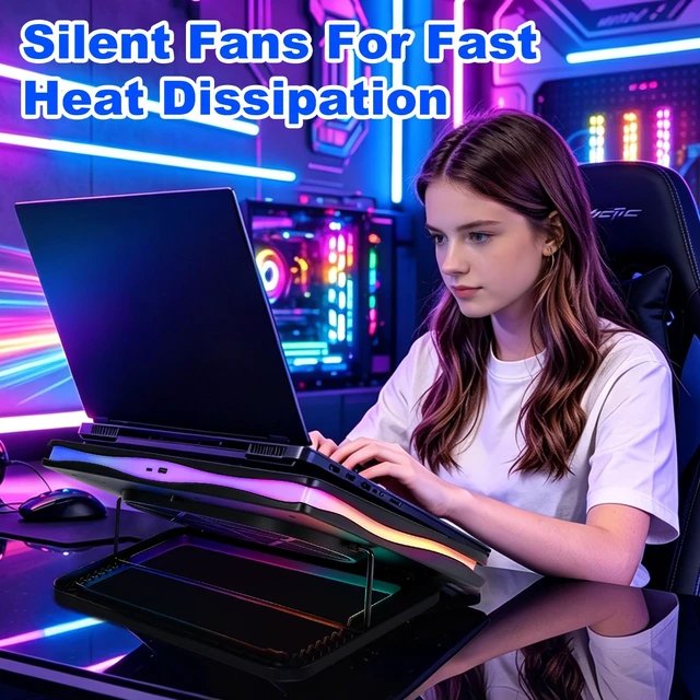 Alt view image 7 of 7 - Gaming Laptop Cooling Pad, RGB Laptop Cooler with Powerful Turbo Fan, Ultra Quiet Laptop Fan Stand with LED Light, 8-Level Height Adjustable, Compatible with 15-17 Inch Gaming Laptops, Black