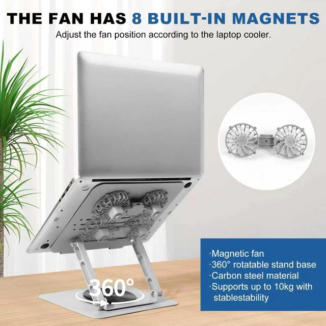 Alt view image 2 of 7 - GcwJovialite Laptop Cooling Stand with 2 Detachable Fans, 360° Rotating Adjustable Laptop Stand, Carbon Steel Ergonomic Laptop Riser, Anti-Slip Base for 10-17.3" Notebook MacBook, Office Home Gaming