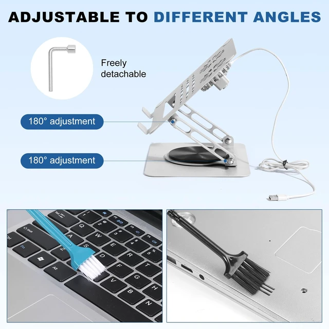 Alt view image 4 of 7 - GcwJovialite Laptop Cooling Stand with 2 Detachable Fans, 360° Rotating Adjustable Laptop Stand, Carbon Steel Ergonomic Laptop Riser, Anti-Slip Base for 10-17.3" Notebook MacBook, Office Home Gaming