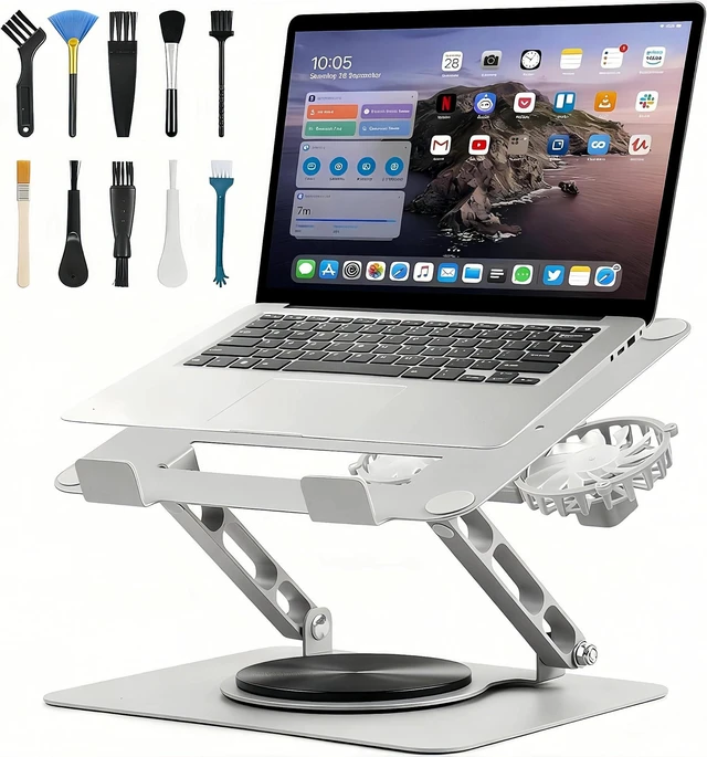 Main image of GcwJovialite Laptop Cooling Stand with 2 Detachable Fans, 360° Rotating Adjustable Laptop Stand, Carbon Steel Ergonomic Laptop Riser, Anti-Slip Base for 10-17.3" Notebook MacBook, Office Home Gaming