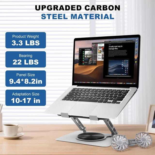 Alt view image 5 of 7 - GcwJovialite Laptop Cooling Stand with 2 Detachable Fans, 360° Rotating Adjustable Laptop Stand, Carbon Steel Ergonomic Laptop Riser, Anti-Slip Base for 10-17.3" Notebook MacBook, Office Home Gaming