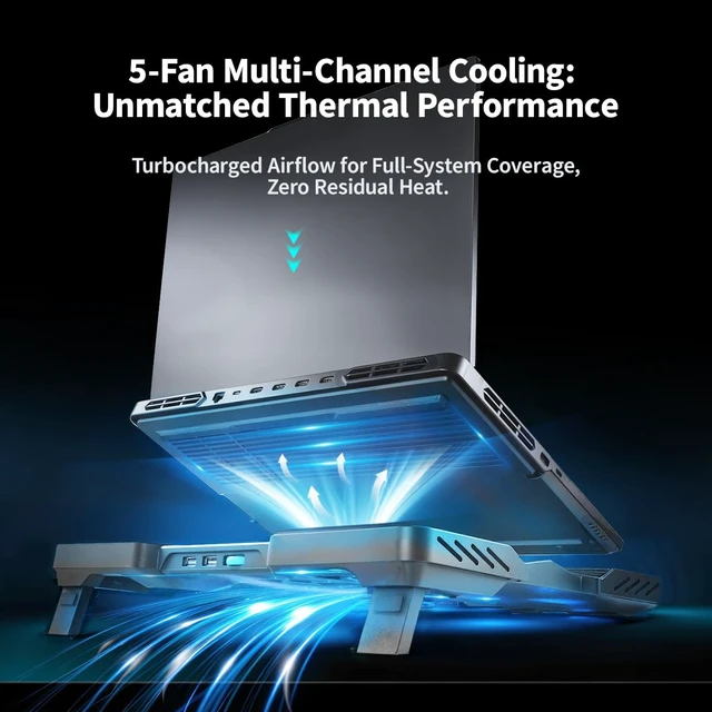 Alt view image 4 of 7 - IMMOENUC Laptop Cooling Pad with 5 Fans & Peltier Device Ultra-Quiet Semiconductor Panel Cooler Stand, Adjustable Speed + Stand for 13-19 Inch Laptops (MacBook/Dell/HP) Fast Cooling Notebook