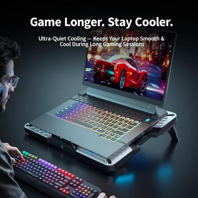 Alt view image 5 of 7 - IMMOENUC Laptop Cooling Pad with 5 Fans & Peltier Device Ultra-Quiet Semiconductor Panel Cooler Stand, Adjustable Speed + Stand for 13-19 Inch Laptops (MacBook/Dell/HP) Fast Cooling Notebook