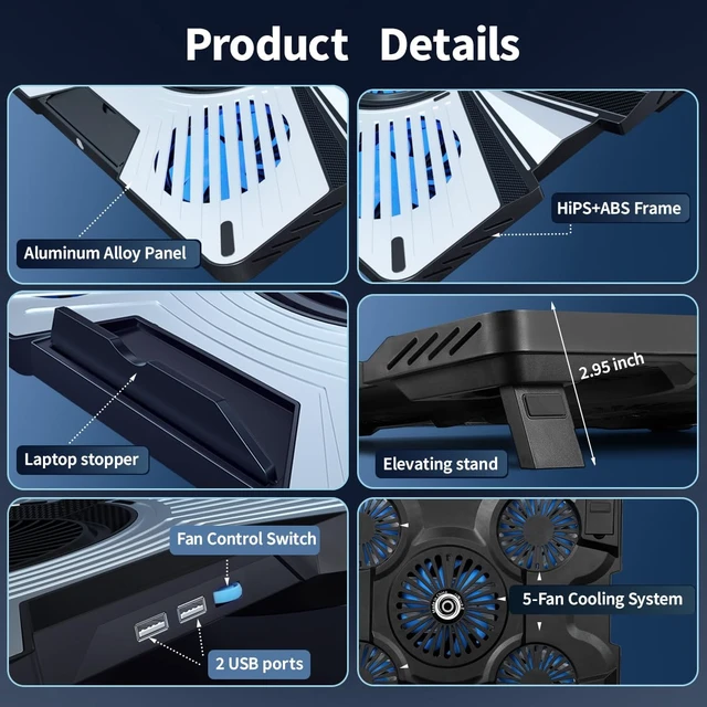 Alt view image 6 of 7 - IMMOENUC Laptop Cooling Pad with 5 Fans & Peltier Device Ultra-Quiet Semiconductor Panel Cooler Stand, Adjustable Speed + Stand for 13-19 Inch Laptops (MacBook/Dell/HP) Fast Cooling Notebook