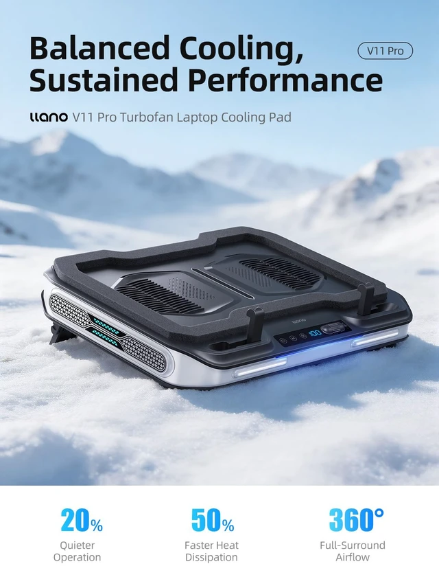 Alt view image 2 of 7 - llano V11 Pro Laptop Cooling Pad, Gaming Laptop Cooler RGB Laptop Fan | Laptop Cooling Stand with 4.7 Inch Turbofan, for 14-17.3in Laptop, Adjustable Speed, Dustproof, 3-Port USB Hub,Black & Gray