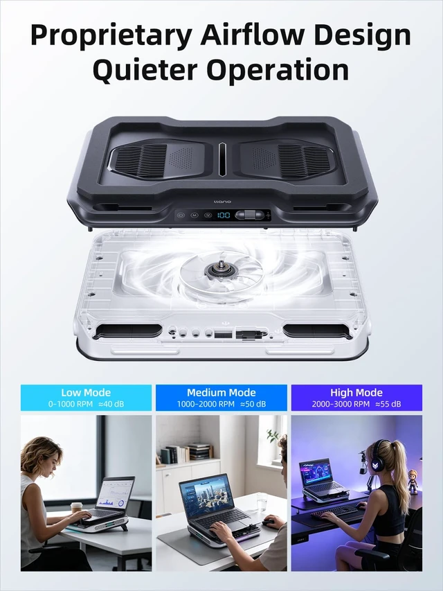Alt view image 4 of 7 - llano V11 Pro Laptop Cooling Pad, Gaming Laptop Cooler RGB Laptop Fan | Laptop Cooling Stand with 4.7 Inch Turbofan, for 14-17.3in Laptop, Adjustable Speed, Dustproof, 3-Port USB Hub,Black & Gray