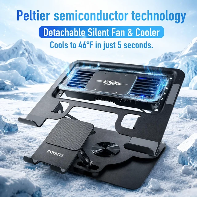 Alt view image 2 of 7 - PAWHITS Laptop Cooling Pad with Detachable Fan & Cooler (USB A-C Port) | 2-in-1 Adjustable Laptop & Phone Stand, Ultra-Quiet, 360° Rotatable Base, Carbon Steel Framework for Laptops Up to 17 Inch
