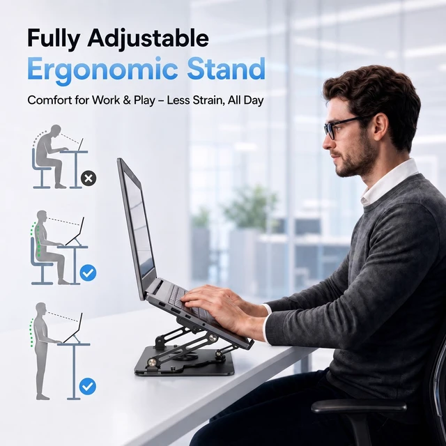 Alt view image 4 of 7 - PAWHITS Laptop Cooling Pad with Detachable Fan & Cooler (USB A-C Port) | 2-in-1 Adjustable Laptop & Phone Stand, Ultra-Quiet, 360° Rotatable Base, Carbon Steel Framework for Laptops Up to 17 Inch