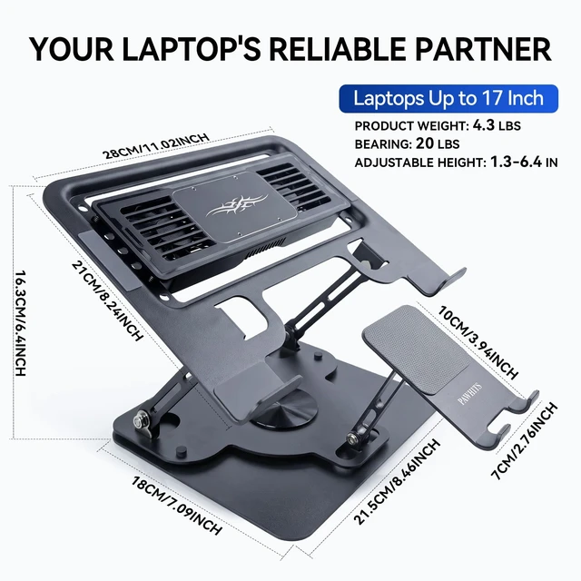 Alt view image 5 of 7 - PAWHITS Laptop Cooling Pad with Detachable Fan & Cooler (USB A-C Port) | 2-in-1 Adjustable Laptop & Phone Stand, Ultra-Quiet, 360° Rotatable Base, Carbon Steel Framework for Laptops Up to 17 Inch