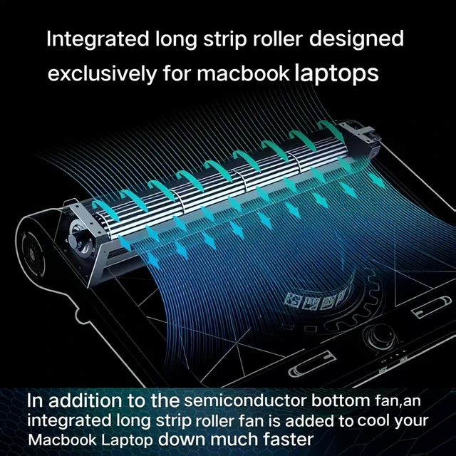 Alt view image 3 of 7 - Laptop Cooling Pad for MacBook Air Pro 14 15 16 17 Inch, Semiconductor Cooler with Integrated Roller Fan, 5 Height Adjustment Ergonomic Design, Low Noise Quiet Operation for Mac Notebook