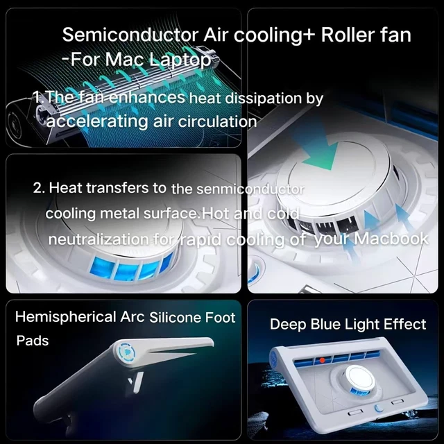 Alt view image 7 of 7 - Laptop Cooling Pad for MacBook Air Pro 14 15 16 17 Inch, Semiconductor Cooler with Integrated Roller Fan, 5 Height Adjustment Ergonomic Design, Low Noise Quiet Operation for Mac Notebook