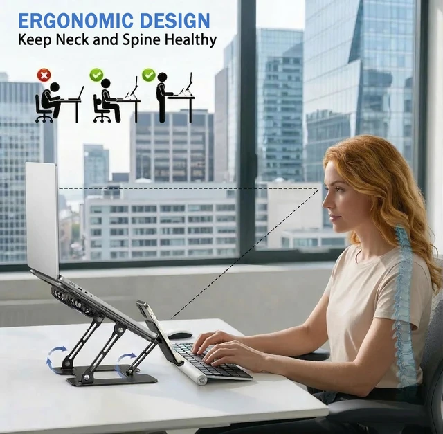 Alt view image 2 of 7 - Laptop & Phone 2-in-1 Cooling Stand with Silent Fan, Adjustable Height & Angle, Carbon Steel Foldable Laptop Riser, Gaming Laptop Cooler Pad for Laptops Up to 18 Inch (Black)