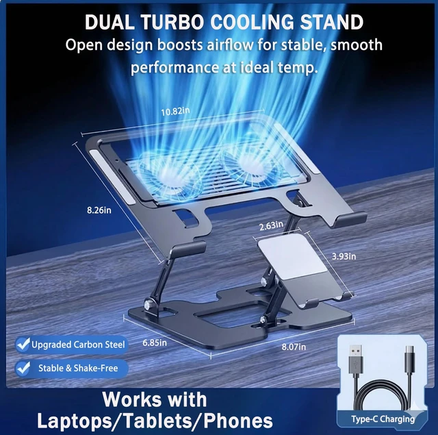 Alt view image 3 of 7 - Laptop & Phone 2-in-1 Cooling Stand with Silent Fan, Adjustable Height & Angle, Carbon Steel Foldable Laptop Riser, Gaming Laptop Cooler Pad for Laptops Up to 18 Inch (Black)