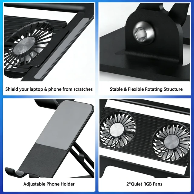 Alt view image 4 of 7 - Laptop & Phone 2-in-1 Cooling Stand with Silent Fan, Adjustable Height & Angle, Carbon Steel Foldable Laptop Riser, Gaming Laptop Cooler Pad for Laptops Up to 18 Inch (Black)