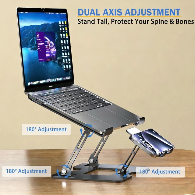 Alt view image 6 of 7 - Laptop & Phone 2-in-1 Cooling Stand with Silent Fan, Adjustable Height & Angle, Carbon Steel Foldable Laptop Riser, Gaming Laptop Cooler Pad for Laptops Up to 18 Inch (Black)