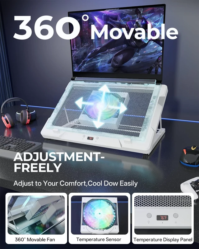 Alt view image 2 of 7 - DEPGI Laptop Cooling Pad, Laptop Cooler Stand with 5.5" Movable Fan Easy to Clean, Auto Temp Sensor & 3-Speed Manual Control, Ultra Quiet 40dB for 1417.3 Inch Laptops, White