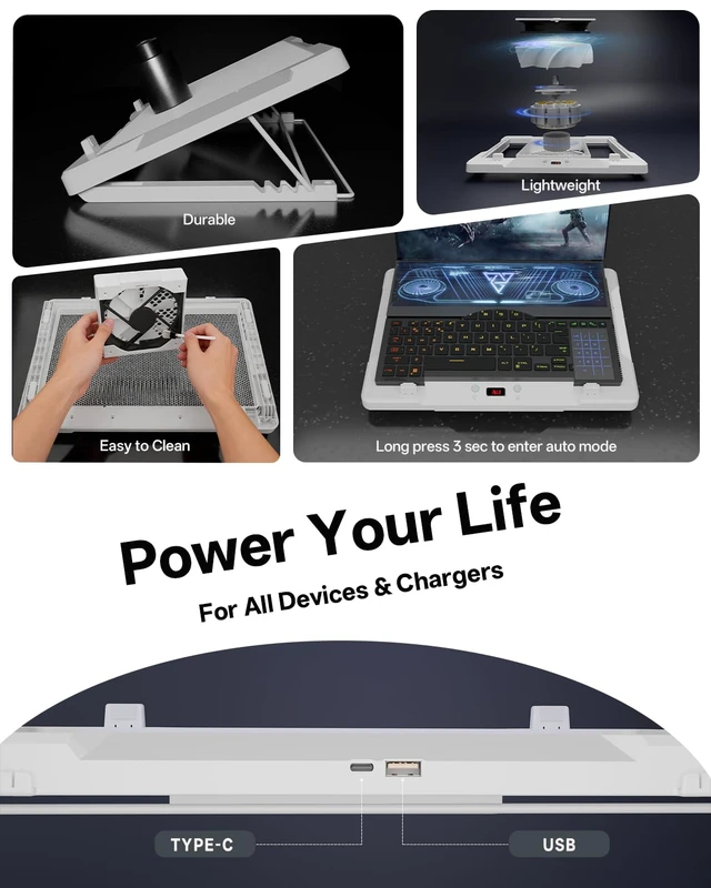 Alt view image 4 of 7 - DEPGI Laptop Cooling Pad, Laptop Cooler Stand with 5.5" Movable Fan Easy to Clean, Auto Temp Sensor & 3-Speed Manual Control, Ultra Quiet 40dB for 1417.3 Inch Laptops, White
