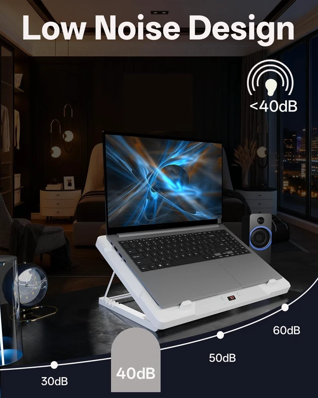 Alt view image 5 of 7 - DEPGI Laptop Cooling Pad, Laptop Cooler Stand with 5.5" Movable Fan Easy to Clean, Auto Temp Sensor & 3-Speed Manual Control, Ultra Quiet 40dB for 1417.3 Inch Laptops, White