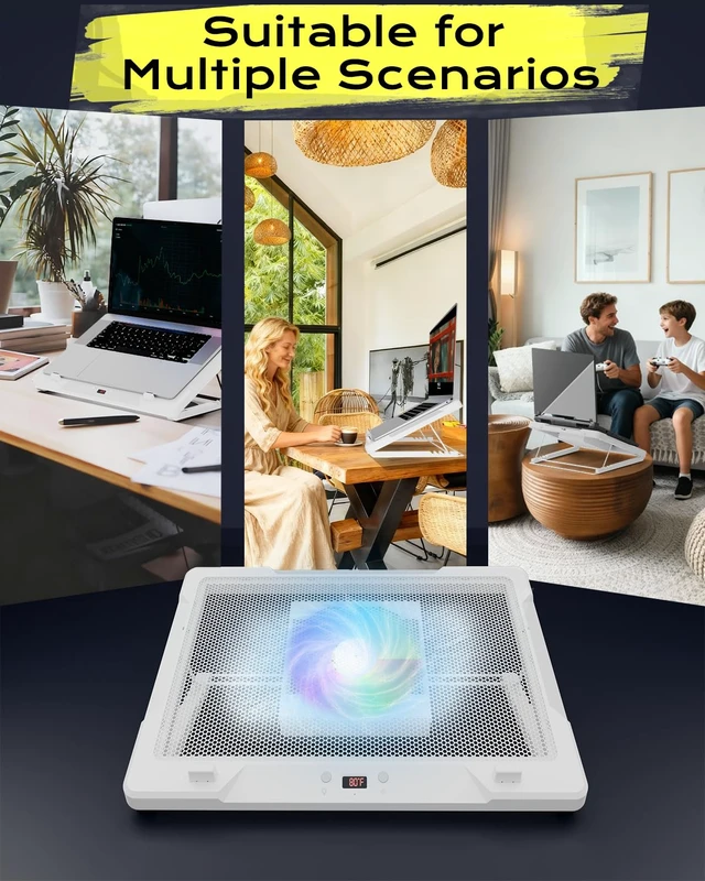 Alt view image 7 of 7 - DEPGI Laptop Cooling Pad, Laptop Cooler Stand with 5.5" Movable Fan Easy to Clean, Auto Temp Sensor & 3-Speed Manual Control, Ultra Quiet 40dB for 1417.3 Inch Laptops, White