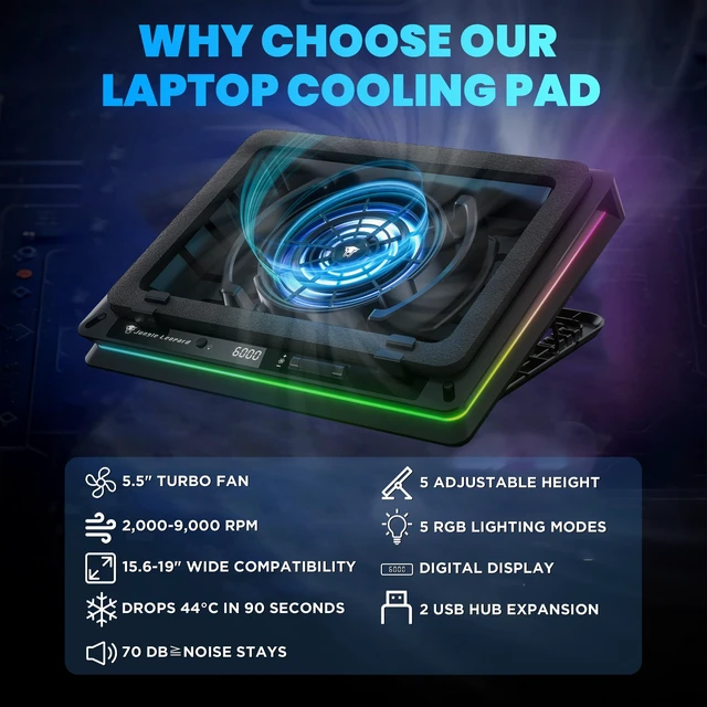 Alt view image 2 of 7 - D16 RGB Gaming Laptop Cooling Pad for 15.6-19" Laptops, Adjustable Speed | 5.5" Turbo Fan cooling stand, 5 Adjustable Height, Digital Display, 2 USB Ports, 360° Cooling Coverage, Low Noise, Anti-Slip
