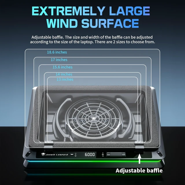 Alt view image 3 of 7 - D16 RGB Gaming Laptop Cooling Pad for 15.6-19" Laptops, Adjustable Speed | 5.5" Turbo Fan cooling stand, 5 Adjustable Height, Digital Display, 2 USB Ports, 360° Cooling Coverage, Low Noise, Anti-Slip