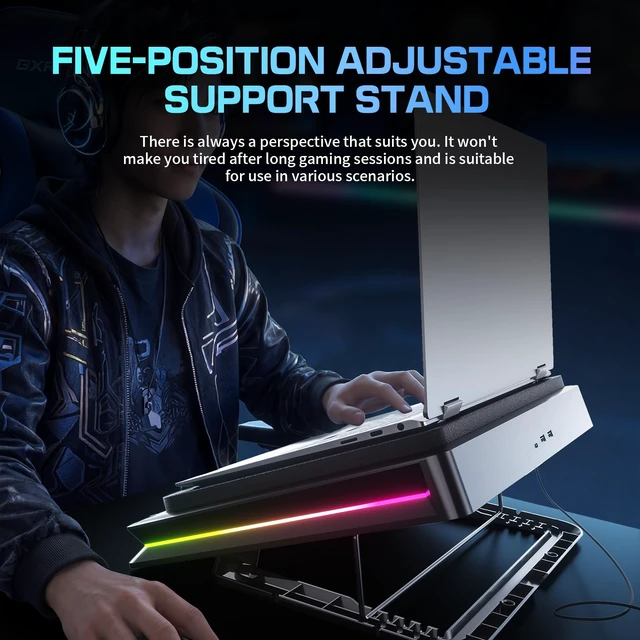 Alt view image 7 of 7 - D16 RGB Gaming Laptop Cooling Pad for 15.6-19" Laptops, Adjustable Speed | 5.5" Turbo Fan cooling stand, 5 Adjustable Height, Digital Display, 2 USB Ports, 360° Cooling Coverage, Low Noise, Anti-Slip