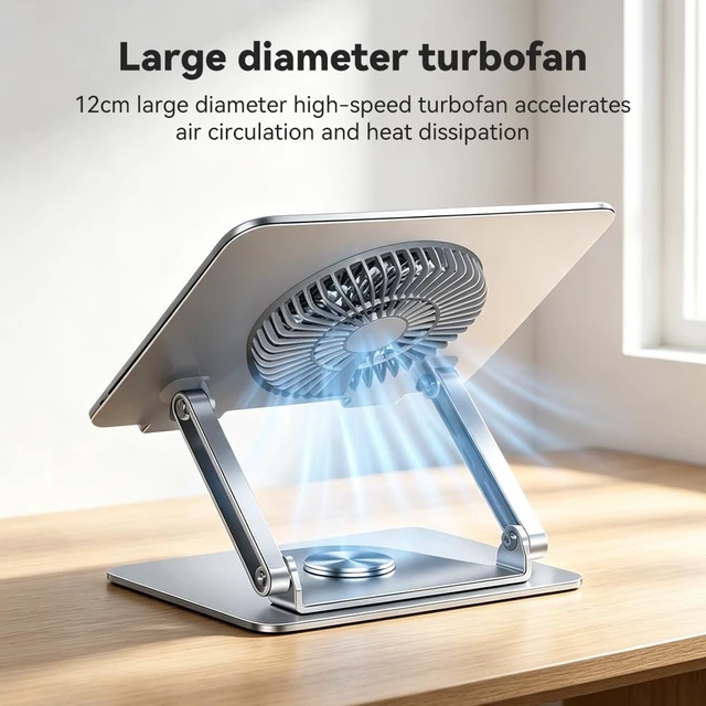 Alt view image 3 of 5 - 360° Rotatable Foldable Laptop Stand with Cooling Fan, Dual Support Height Angle Adjustable Laptop Cooler Fits 10-17.3 Inch Laptops