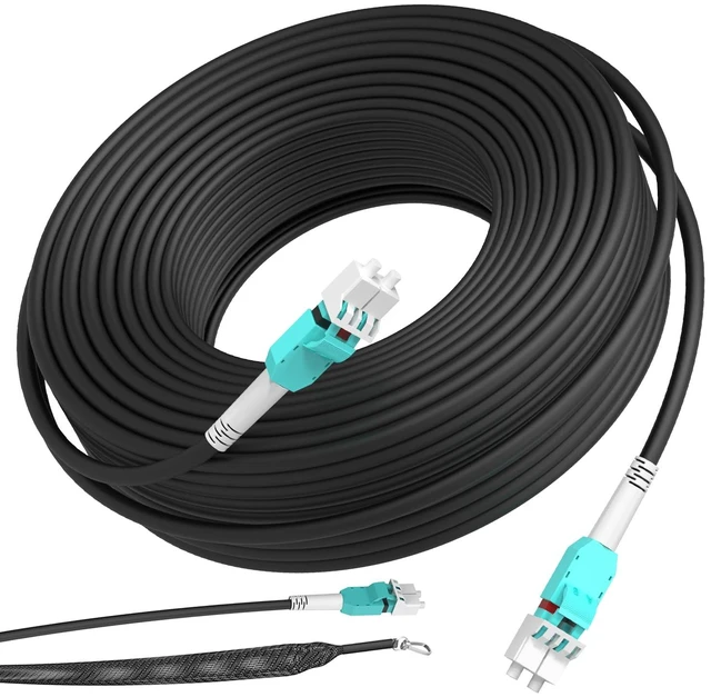 Main image of 30M/98FT OM3/OM4 LC to LC Outdoor Armored Fiber Optic Patch Cable, Multimode Duplex 50/125m, 10Gb/40Gb/100Gb, Industrial TPU Jacket, Direct Burial, Uniboot, MMF, OD 5mm, Pulling Eye Kit Installed