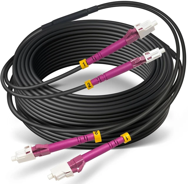 Main image of 30m OD-5mm Industrial TPU OM4 Fiber LC to LC Outdoor Armored Fiber Cable | 50/125 OM4 LC-LC Direct Bury 100 feet MMF, Duplex Multimode Fiber Optic Patch Cord, 10G/40G/100G, Black