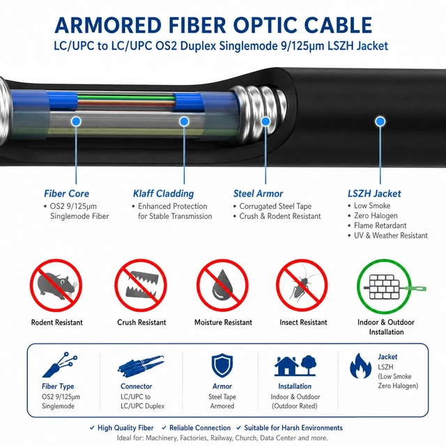 Alt view image 2 of 7 - Elfcam® - 50m/164ft Outdoor and Indoor Shielded Armored Fiber Optic Cable LC/UPC to LC/UPC OS2 Singlemode Duplex 9/125m LSZH, Black 50 Meters