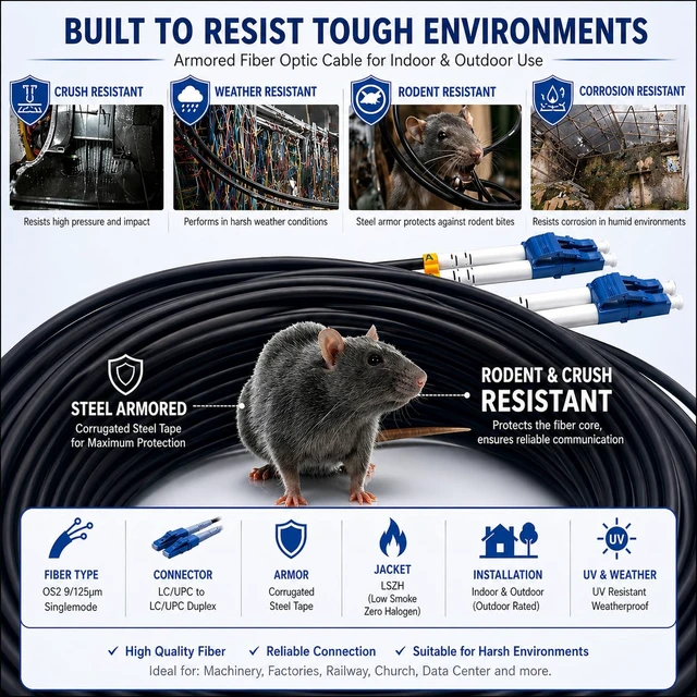 Alt view image 5 of 7 - Elfcam® - 50m/164ft Outdoor and Indoor Shielded Armored Fiber Optic Cable LC/UPC to LC/UPC OS2 Singlemode Duplex 9/125m LSZH, Black 50 Meters