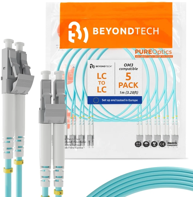 Main image of BEYONDTECH 1m (3.28ft) LC to LC Fiber Patch Cable (5-Pack) UPC Multimode Duplex Fiber Optic Cable 50/125µm core, Compatible with OM3 10G LSZH PUREOptics Series