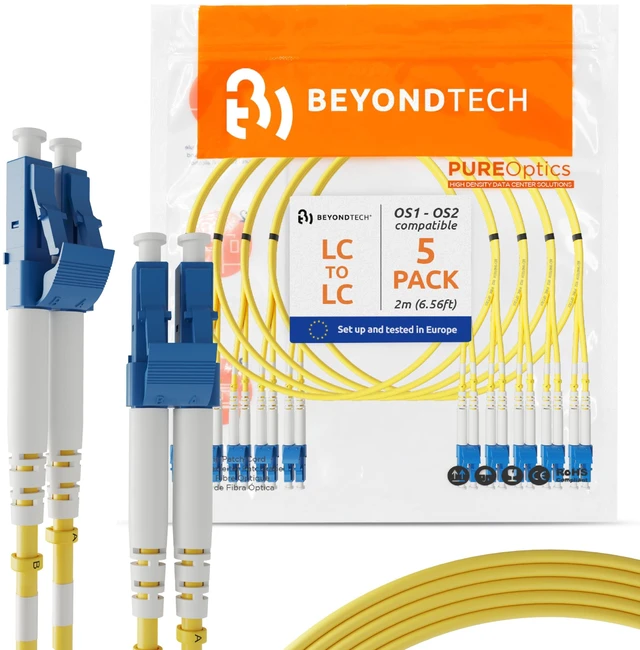 Main image of BEYONDTECH 2m (6.56ft) LC to LC Fiber Patch Cable (5 Pack) UPC Single-Mode Duplex Fiber Optic Cable 9/125µm core, Compatible with OS1 & OS2 LSZH PUREOptics Series