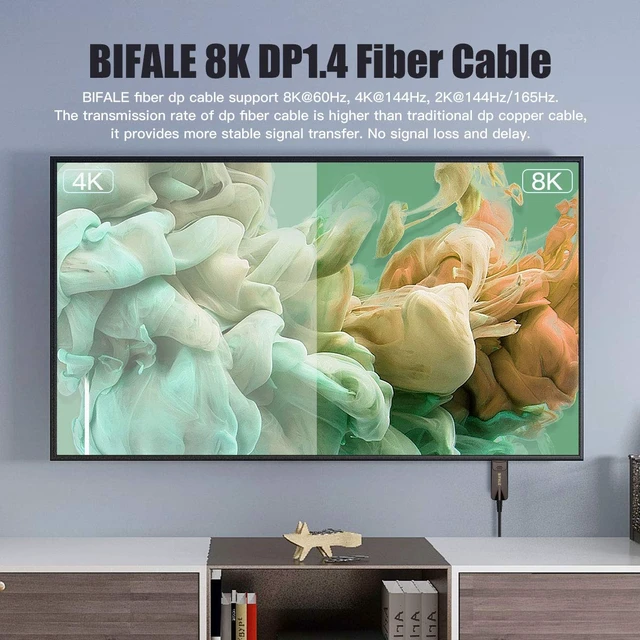 Alt view image 2 of 7 - BIFALE DP Fiber Optic Cable 25ft, 8K Fiber Displayport 1.4 Cable Support HBR3, DSC 1.2, HDR10, 32.4Gbps, 8K@60Hz, 4K@144Hz, Thin and Slim Fiber DP1.4 Cable
