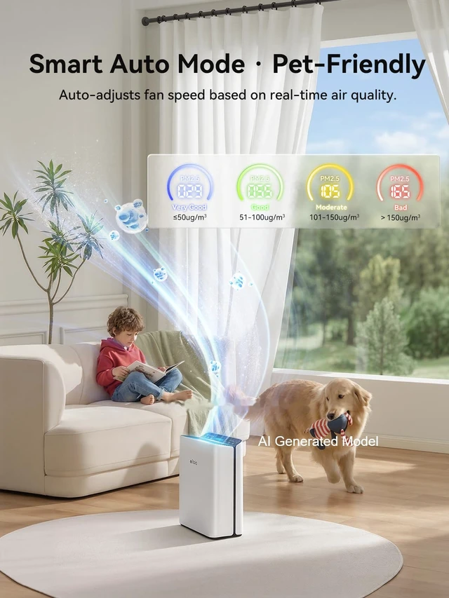Alt view image 7 of 7 - Afloia Air Purifier for Home, 2,000 Ft², PM2.5 Monitor, Washable Pre-Filter | Europa 2.0 White features Smart Auto Mode, a PM2.5 Air Quality Monitor, and a washable pre-filter for pet-friendly homes.