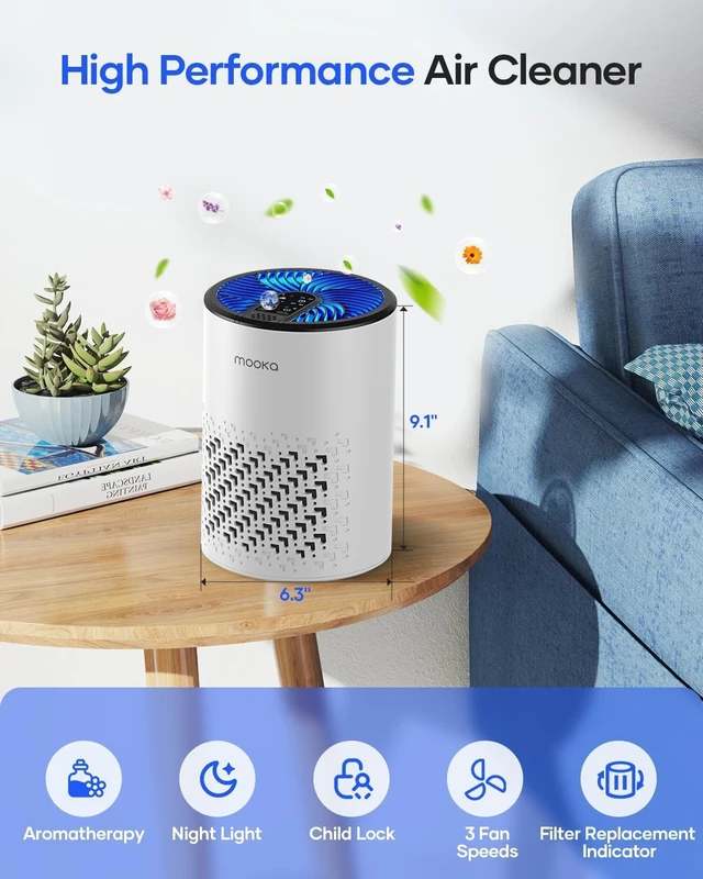 Alt view image 7 of 7 - Air Purifier for Bedroom Home, MOOKA HEPA Filter for Pets Odor Smoke Pollen | 15dB Quiet Small Air Cleaner with Aromatherapy for Dorm, Office, Living Room, Captures Dust Pet Hair Dander, KJ067L, White