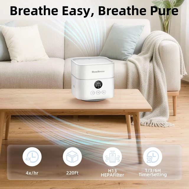 Alt view image 4 of 7 - HomBreez Humidifier and Air Purifier in one, H13 True HEPA Filter, 1100ML Water Tank, Quiet Cool Mist Top Fill Essential Oil Diffuser for Baby, Pet, Bedroom