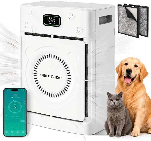 Main image of Samrado Pet Hair Air Purifier for Home Large Room, H13 HEPA, PM2.5, 25dB | Washable dual-sided pre-filter catches pet hair & dander; PM2.5 sensor & AQI display; WiFi app; child lock