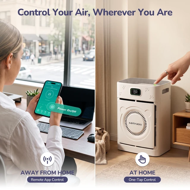 Alt view image 5 of 7 - Samrado Pet Hair Air Purifier for Home Large Room, H13 HEPA, PM2.5, 25dB | Washable dual-sided pre-filter catches pet hair & dander; PM2.5 sensor & AQI display; WiFi app; child lock