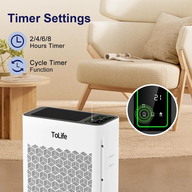 Alt view image 3 of 7 - Tolife Air Purifier for Home Large Room up to 1095 Ft² with Sleep Mode | Washable Pre-Filter Captures Pet Hair, Dust, Smoke and Odors, Air Cleaner for Bedroom with Timer, White