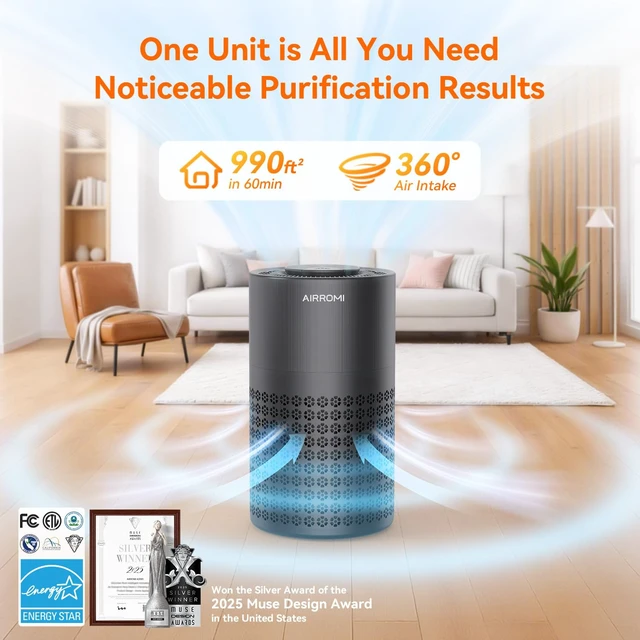 Alt view image 2 of 7 - AIRROMI Air Purifier for Bedroom with HEPA 3-in-1 Filter, Pet Air Purifier for Home Cat Pee Smell, Covers Upto 990 Ft², Quiet 360°intake Air Cleaner for pet hair,allergies,Dust,Smoke A2001 Black