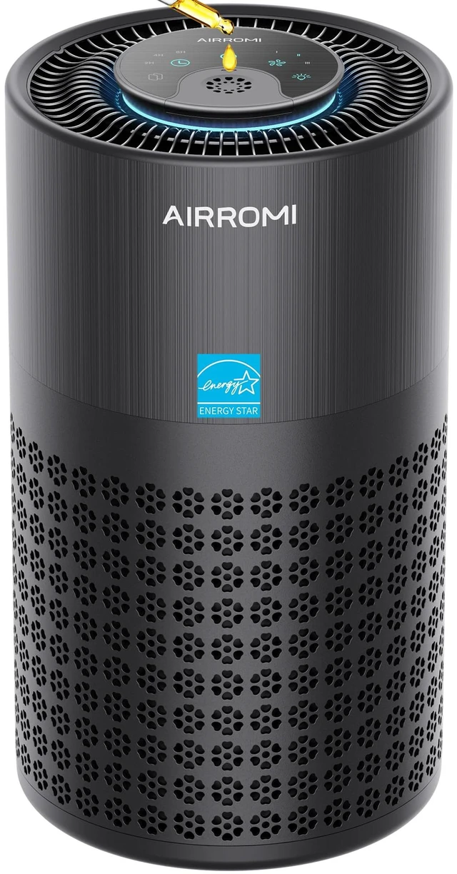 Main image of AIRROMI Air Purifier for Bedroom with HEPA 3-in-1 Filter, Pet Air Purifier for Home Cat Pee Smell, Covers Upto 990 Ft², Quiet 360°intake Air Cleaner for pet hair,allergies,Dust,Smoke A2001 Black