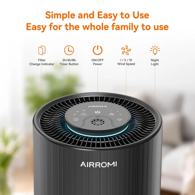 Alt view image 3 of 7 - AIRROMI Air Purifier for Bedroom with HEPA 3-in-1 Filter, Pet Air Purifier for Home Cat Pee Smell, Covers Upto 990 Ft², Quiet 360°intake Air Cleaner for pet hair,allergies,Dust,Smoke A2001 Black