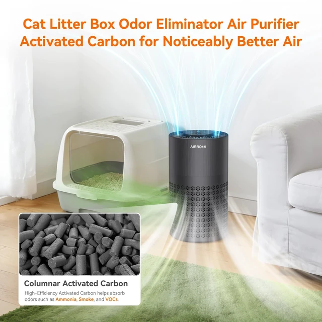 Alt view image 4 of 7 - AIRROMI Air Purifier for Bedroom with HEPA 3-in-1 Filter, Pet Air Purifier for Home Cat Pee Smell, Covers Upto 990 Ft², Quiet 360°intake Air Cleaner for pet hair,allergies,Dust,Smoke A2001 Black