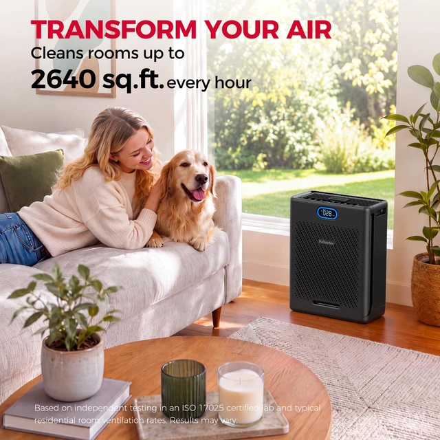 Alt view image 2 of 7 - Purivortex HEPA Air Purifiers for Home Pets, Up to 2,640 Sq Ft, PX700 Black | True HEPA Filter, Pet Mode, Quiet Sleep Mode, Air Quality Display & Auto Mode for Pet Dander, Hair, Smoke, Dust, Pollen