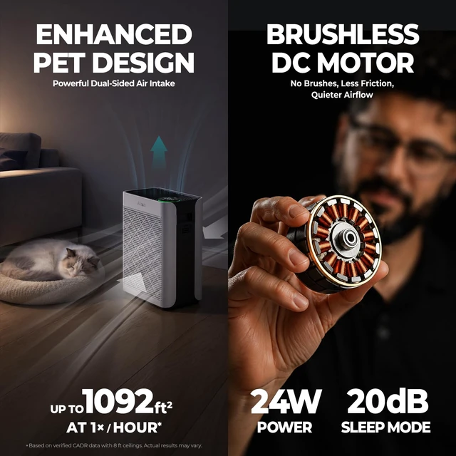 Alt view image 2 of 7 - Air Purifiers for Home Bedroom Large Room Up to 1092 Ft² 1Hr AHAM Verified | HEPA Filter with Activated Carbon & Washable Pre-Filter, PM2.5 Sensor AQI Display 20dB Sleep Mode for Odor, Pollen & Pets