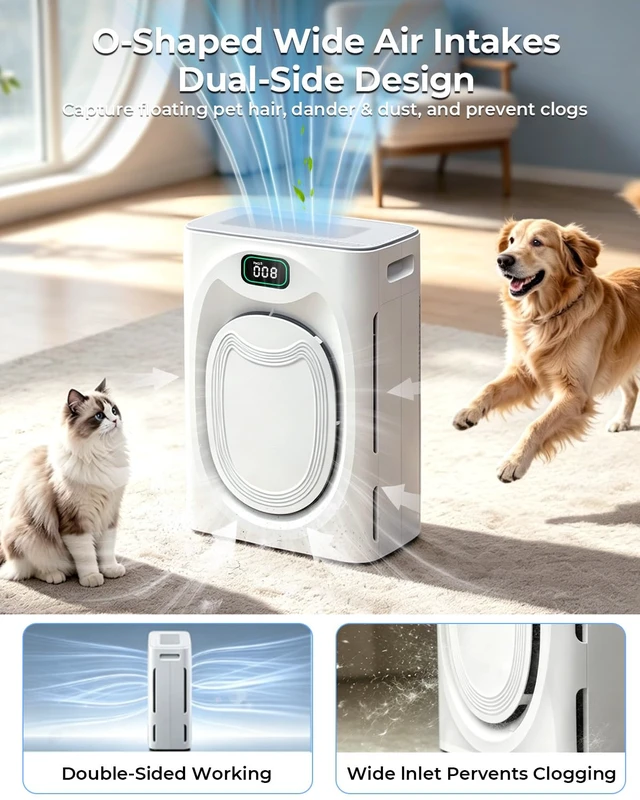 Alt view image 2 of 7 - Pet Hair Air Purifier for Large Room Up to 2100 Ft² | H13 HEPA Double-Sided Pet Hair Filter, Adsorbs Pet Hair Dander Odor Smoke, Washable Pre-filter, PM2.5 Air Quality Monitor